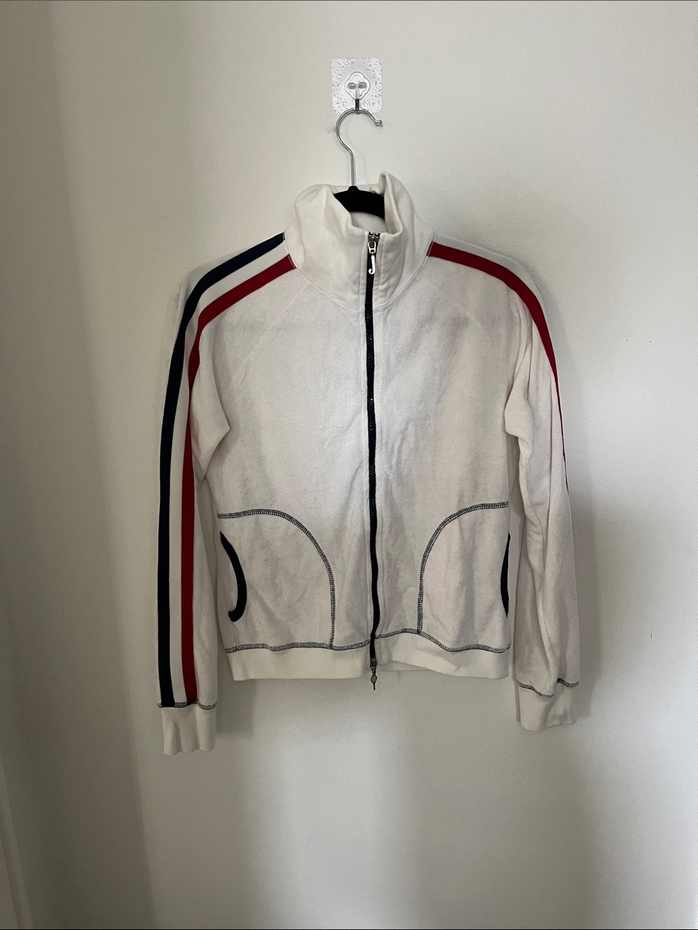 Vintage Y2K Juicy Couture Terrycloth White Bomber Jacket with Red & Navy Stripes